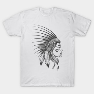 Girl Face in Indian Tribe Feather Bonnet with Warrior Makeup T-Shirt